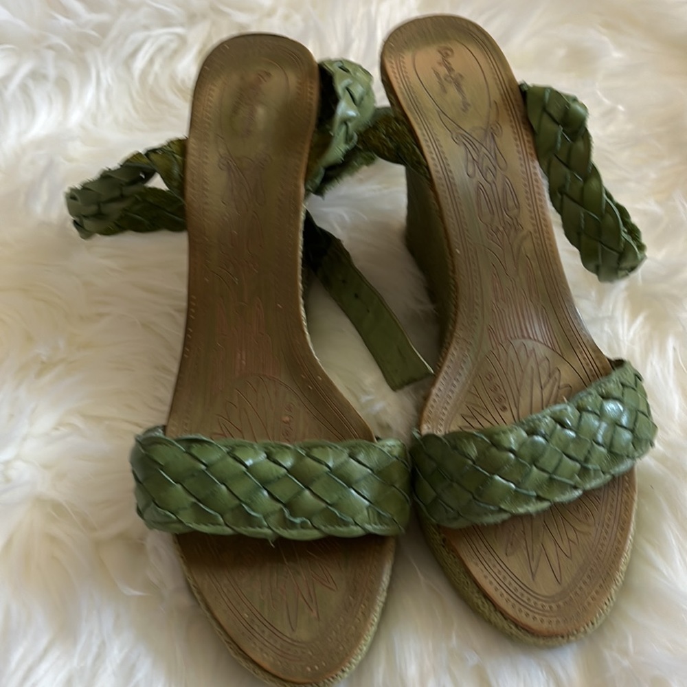 Pepe Jeans London wedges adjustable ankle buckle size 39 (8.5) green leather - Picture 4 of 6